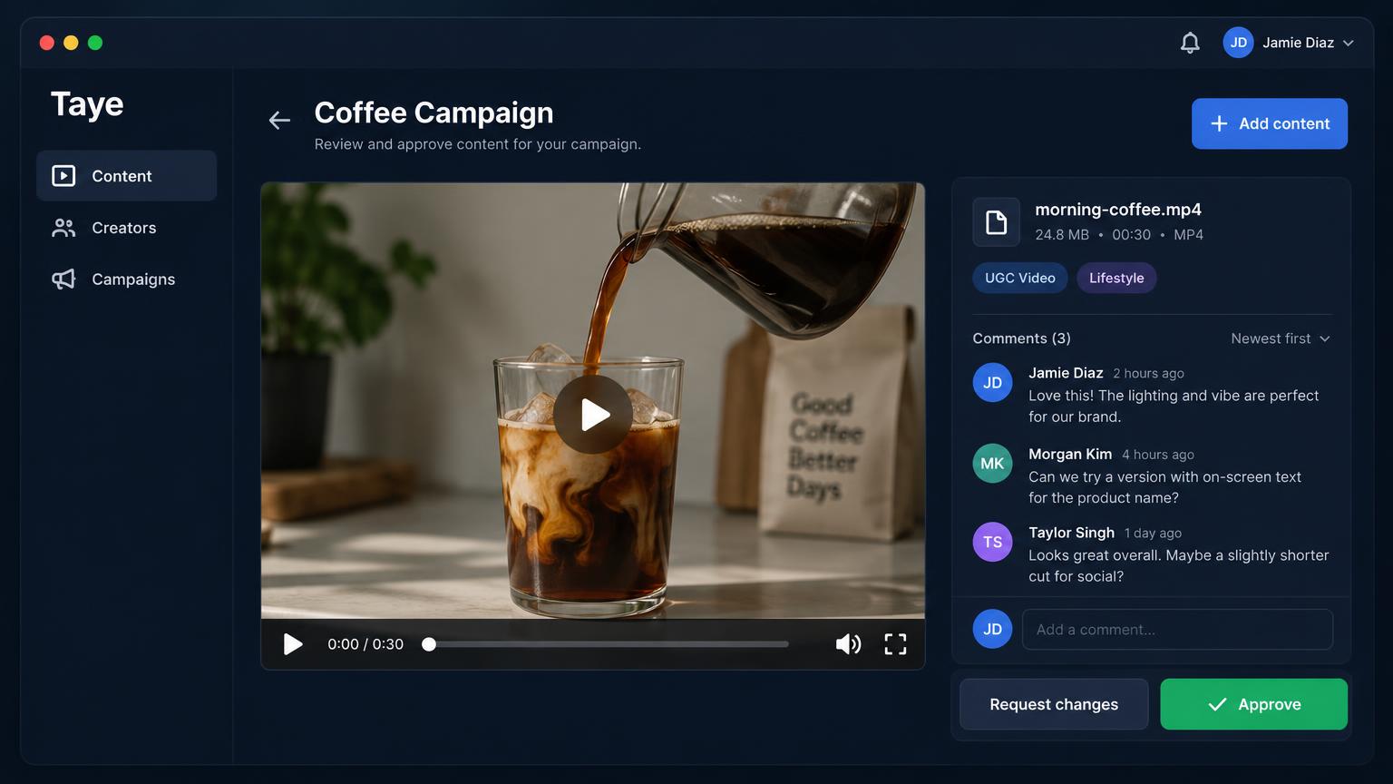 Reviewing a coffee campaign video with comments and approve button